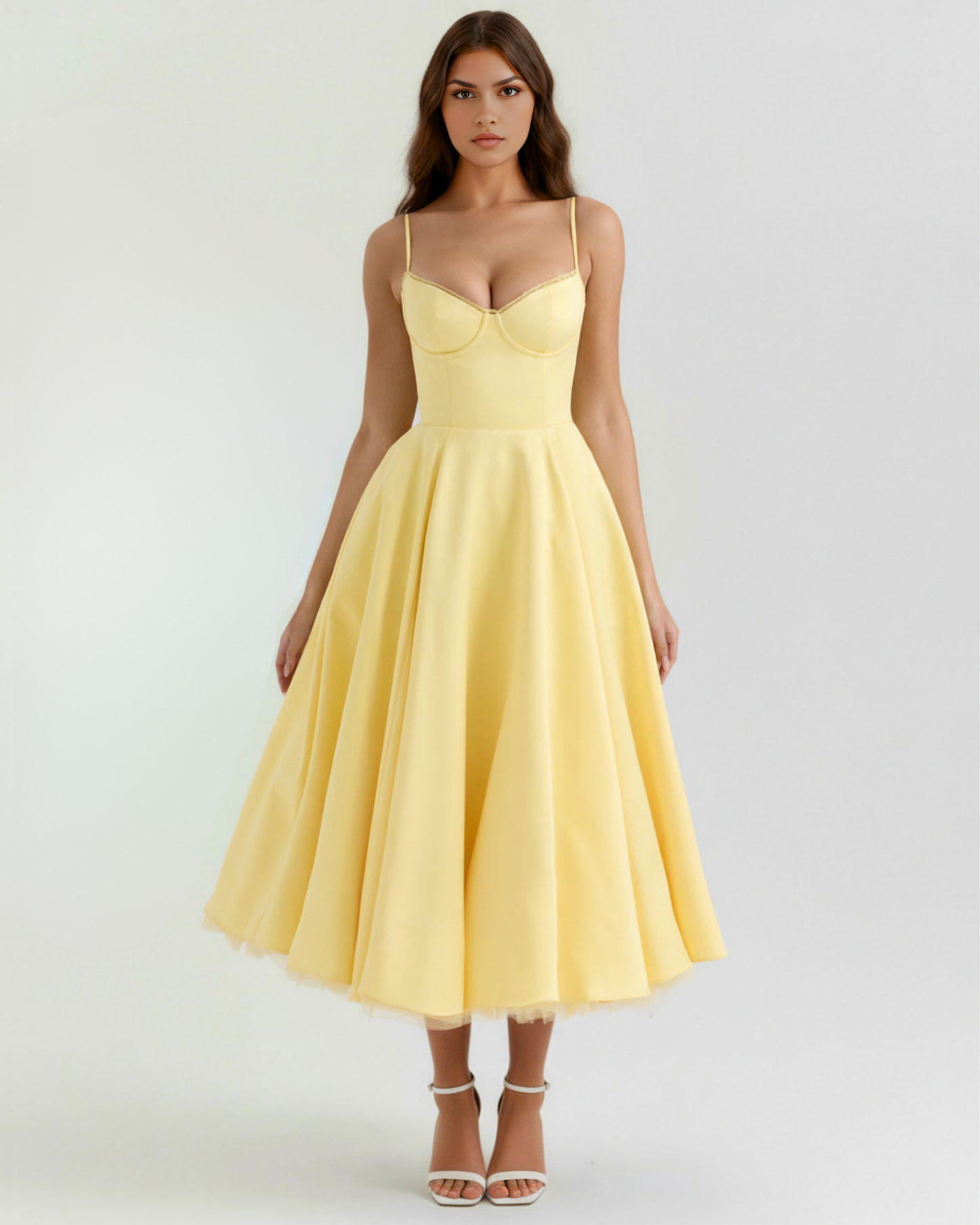 Selene™ | Dress midi yellow mantequilla with layers of tul and pockets secretos