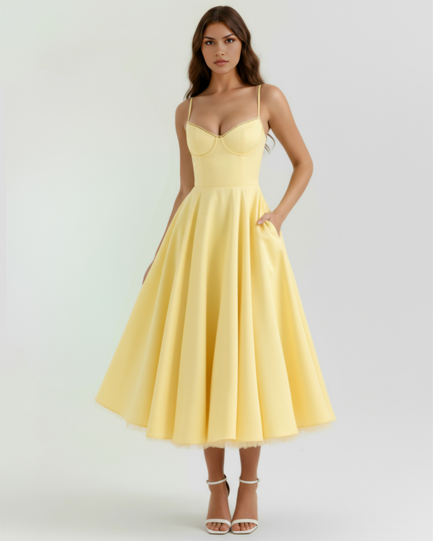 Selene™ | Dress midi yellow mantequilla with layers of tul and pockets secretos