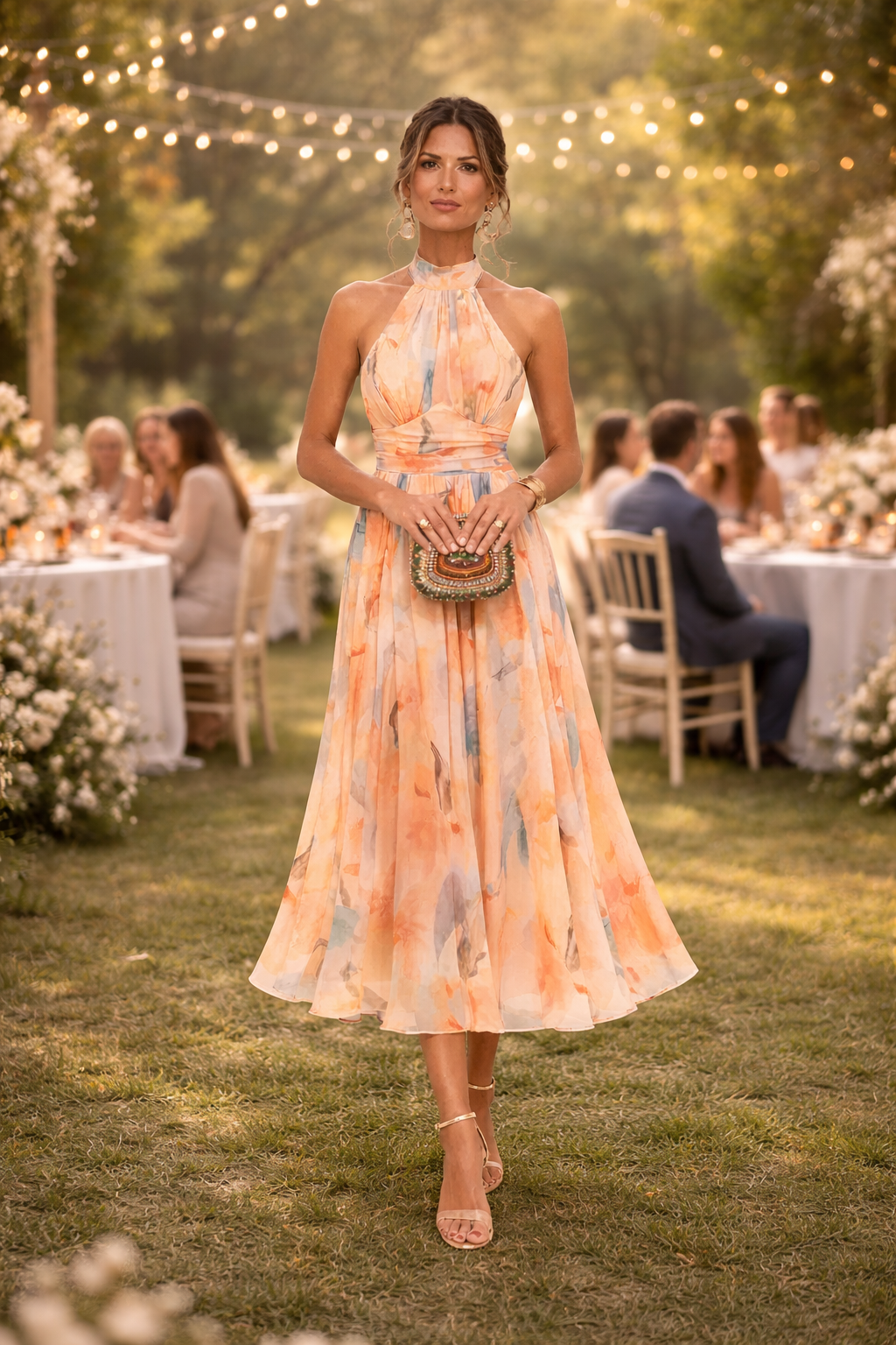 Esther™ - Dress of Halter Neck with Print of Watercolour