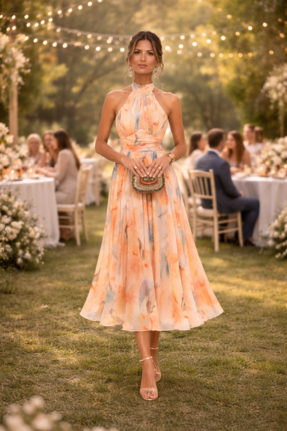 Esther™ | Dress of Halter Neck with Print of Watercolour