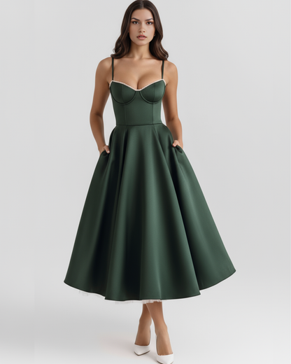 Selene | Dress midi green bosque with layers of tul and pockets secretos