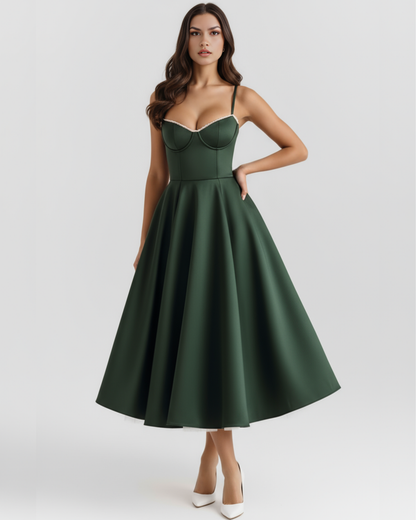Selene | Dress midi green bosque with layers of tul and pockets secretos