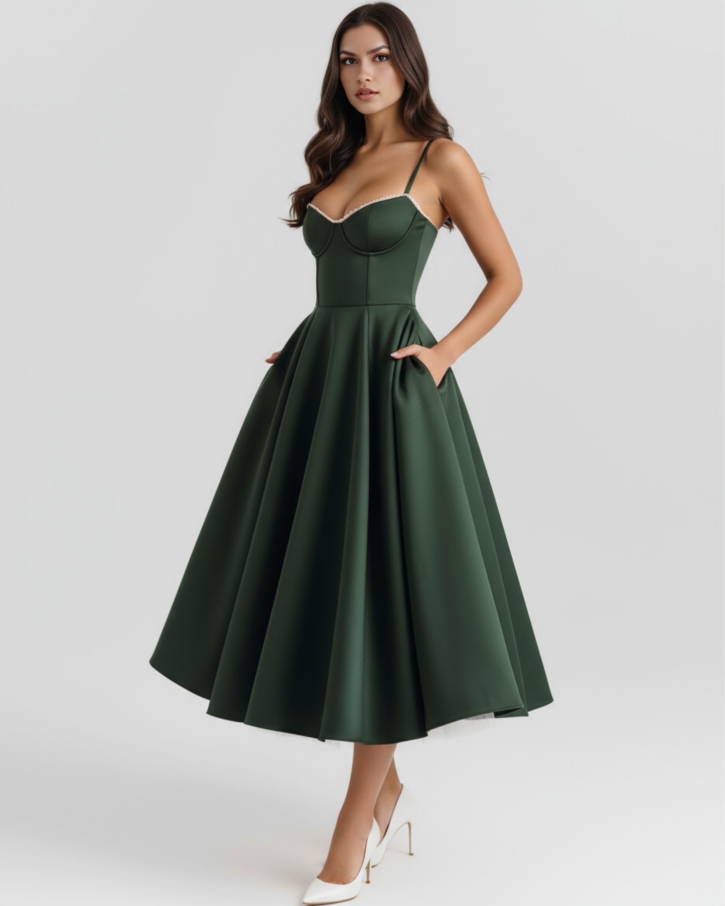 Selene | Dress midi green bosque with layers of tul and pockets secretos