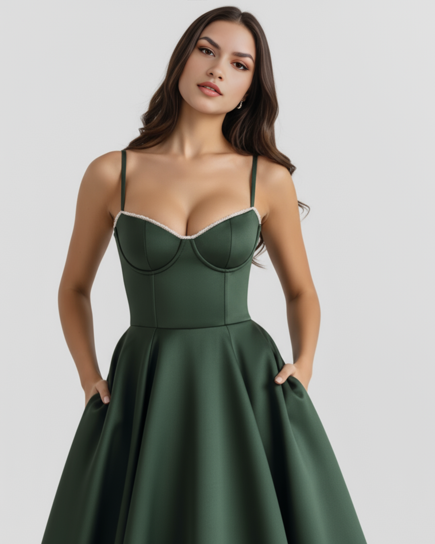 Selene | Dress midi green bosque with layers of tul and pockets secretos