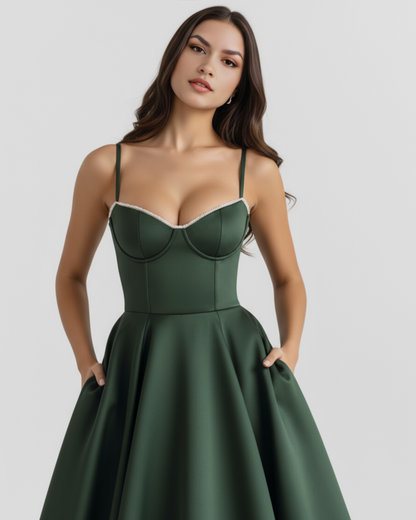 Selene | Dress midi green bosque with layers of tul and pockets secretos