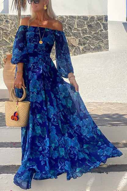 Francesca - Dress long with print floral and sleeves off-the-shoulder
