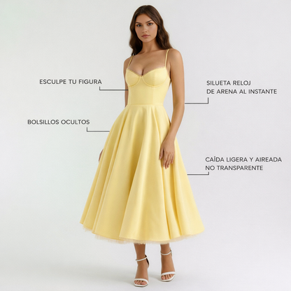Selene™ | Dress midi yellow mantequilla with layers of tul and pockets secretos