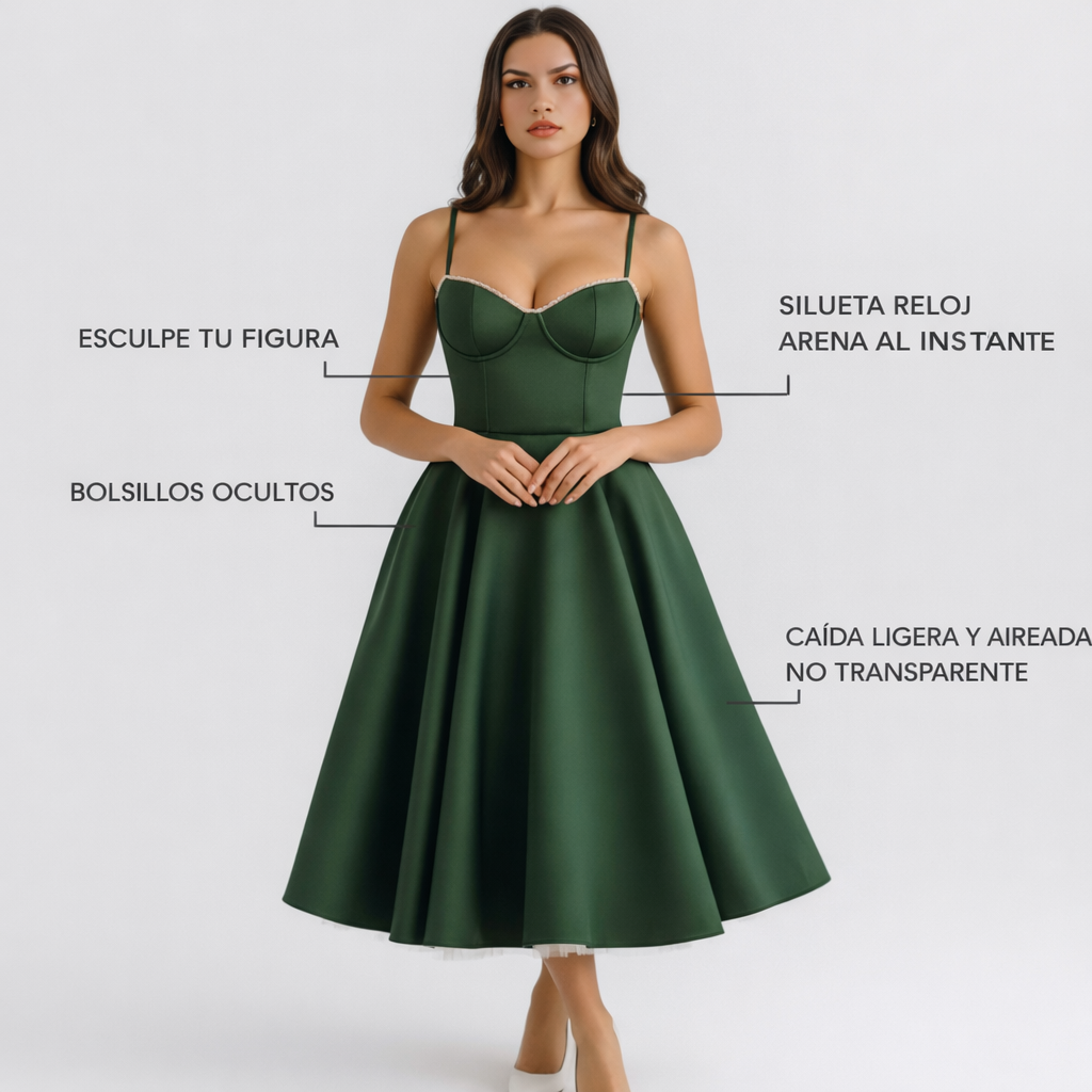Selene | Dress midi green bosque with layers of tul and pockets secretos