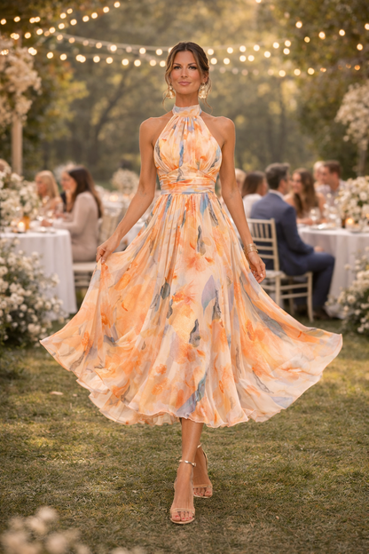 Esther™ - Dress of Halter Neck with Print of Watercolour