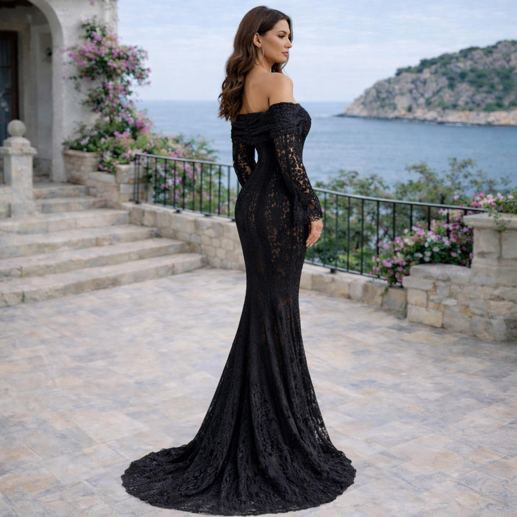 Alessandra | Dress long of lace black with neckline off-shoulder and godet wide