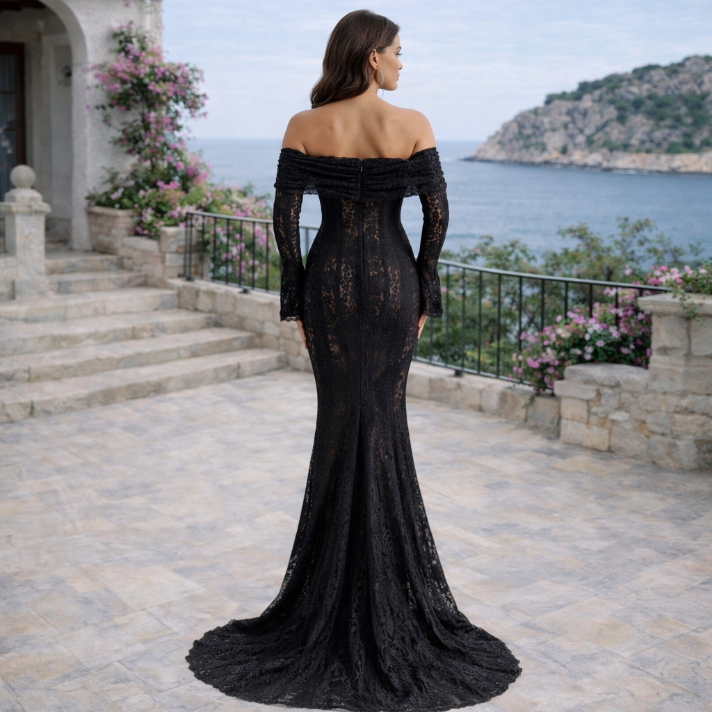 Alessandra | Dress long of lace black with neckline off-shoulder and godet wide