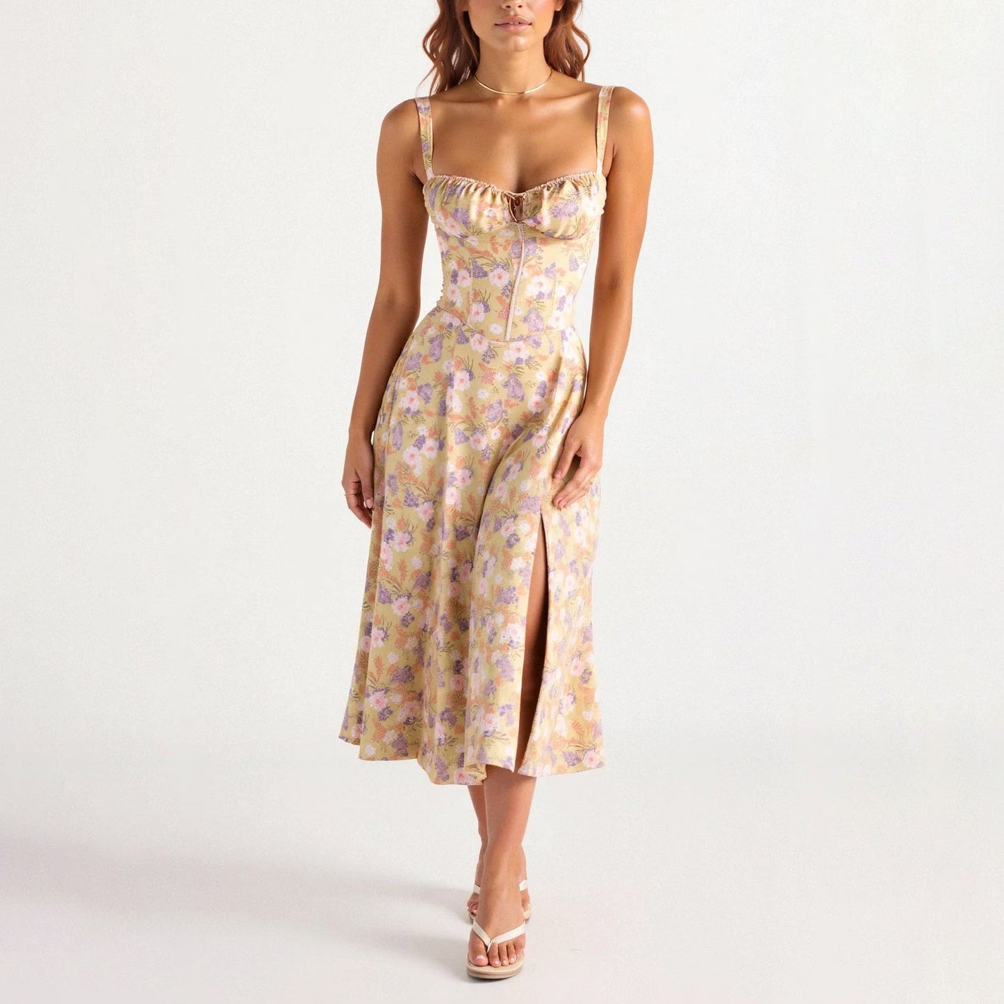 Clara Duval Floral Bustier Midi Dress
