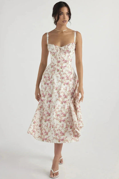Floral Summer Dress | Women's Dress with Corset Bodice & Adjustable Straps for Effortless Elegance