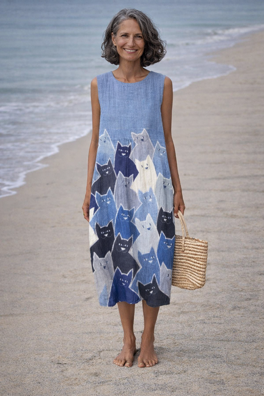 Avellana | Dress midi with art patchwork of cats