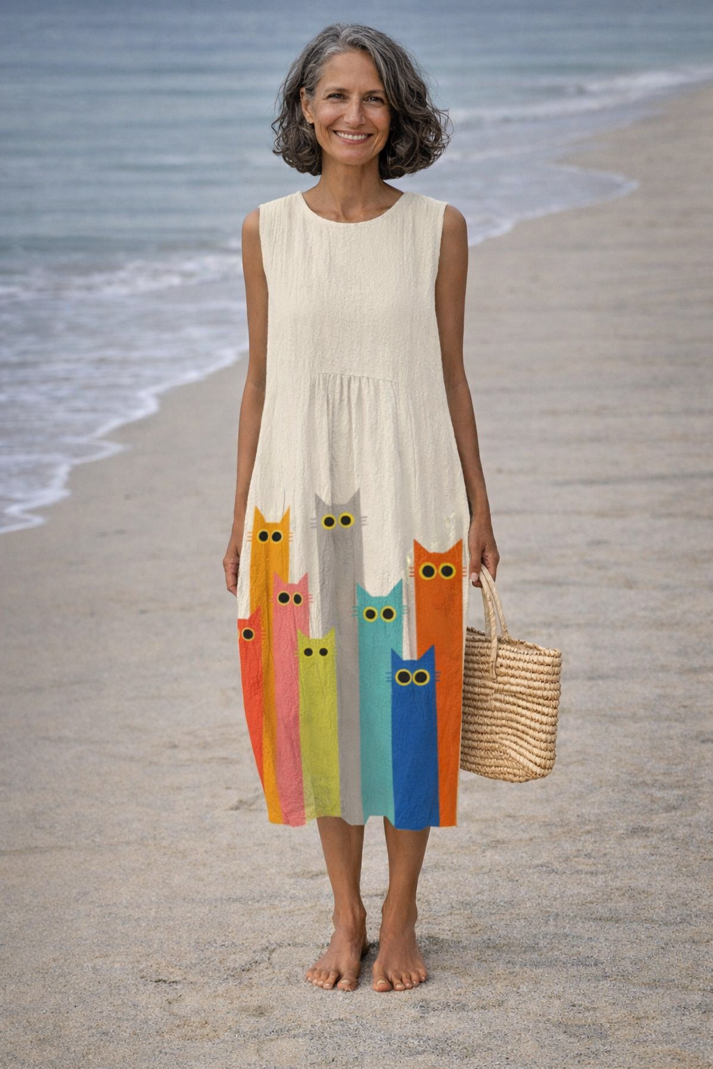 Penélope | Dress midi with art of cats coloridos