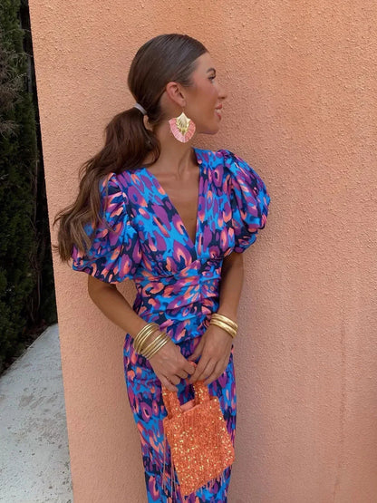 Loren - Dress Midi Vibrant with Sleeves Puff
