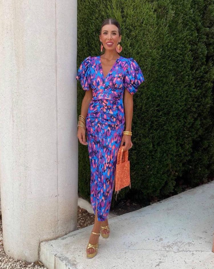 Loren - Dress Midi Vibrant with Sleeves Puff
