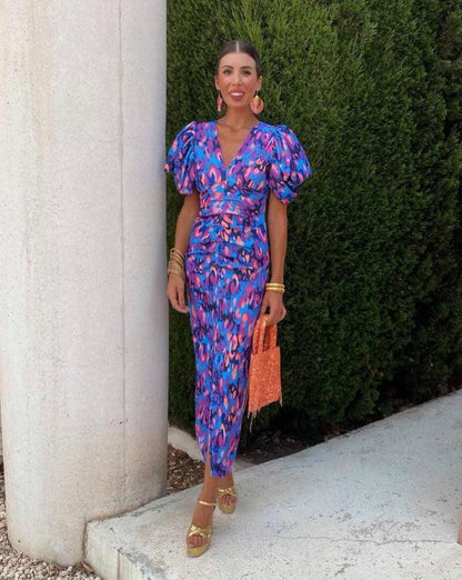 Loren - Dress Midi Vibrant with Sleeves Puff