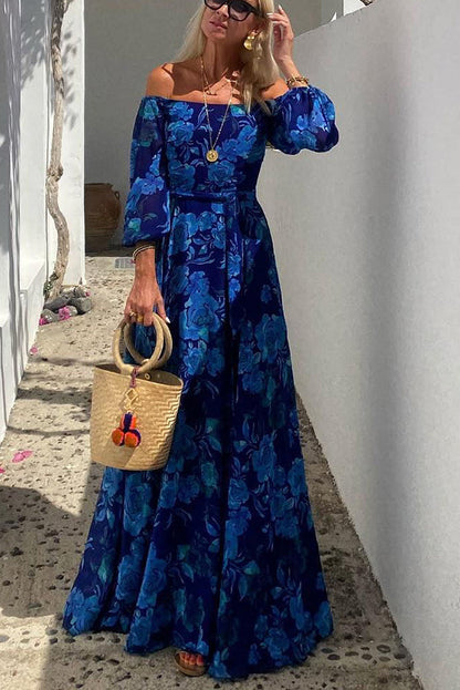 Francesca - Dress long with print floral and sleeves off-the-shoulder