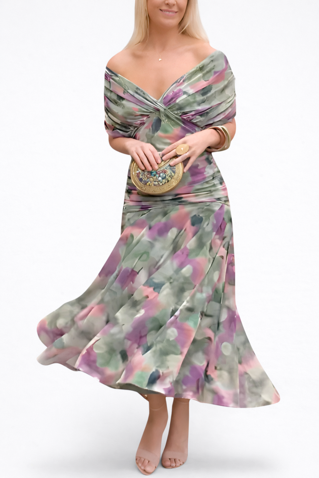 Velora™ | Dress Floral Long with V-Neckline