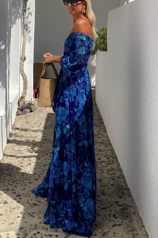 Francesca - Dress long with print floral and sleeves off-the-shoulder