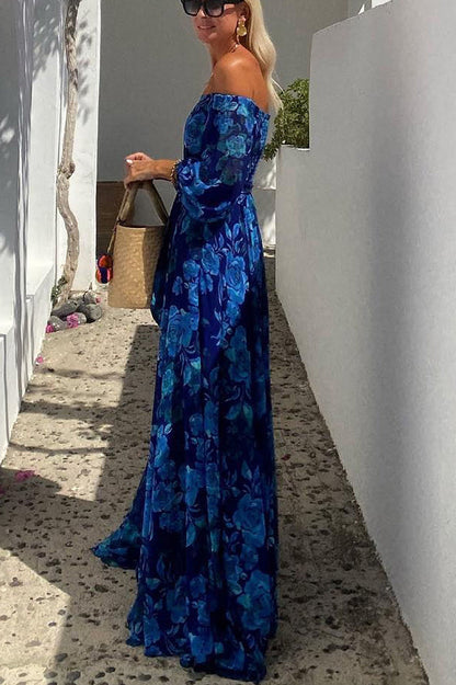 Francesca - Dress long with print floral and sleeves off-the-shoulder